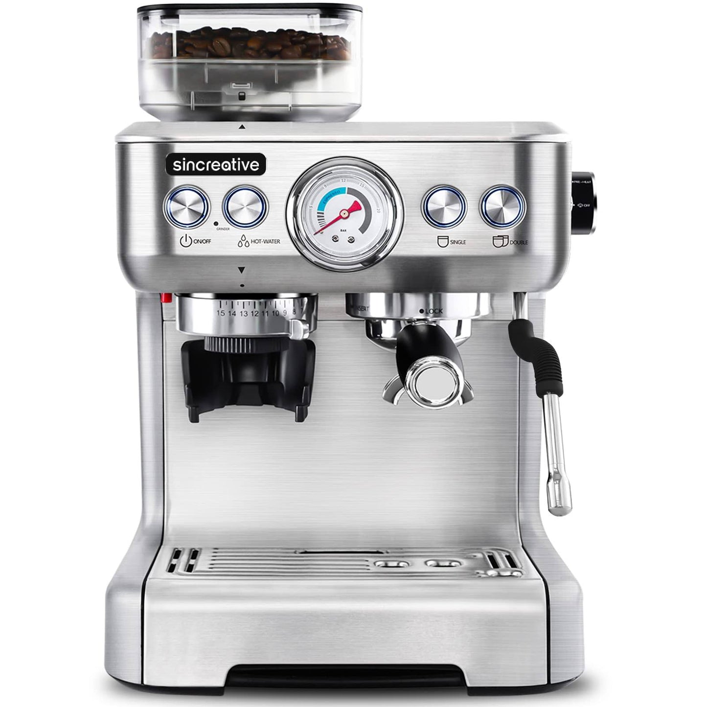 Sincreative Espresso Machine & Coffee Maker – 20Bar Semi Automatic Espresso Machine with Grinder & Steam Wand – All in One Espresso Maker & Latte