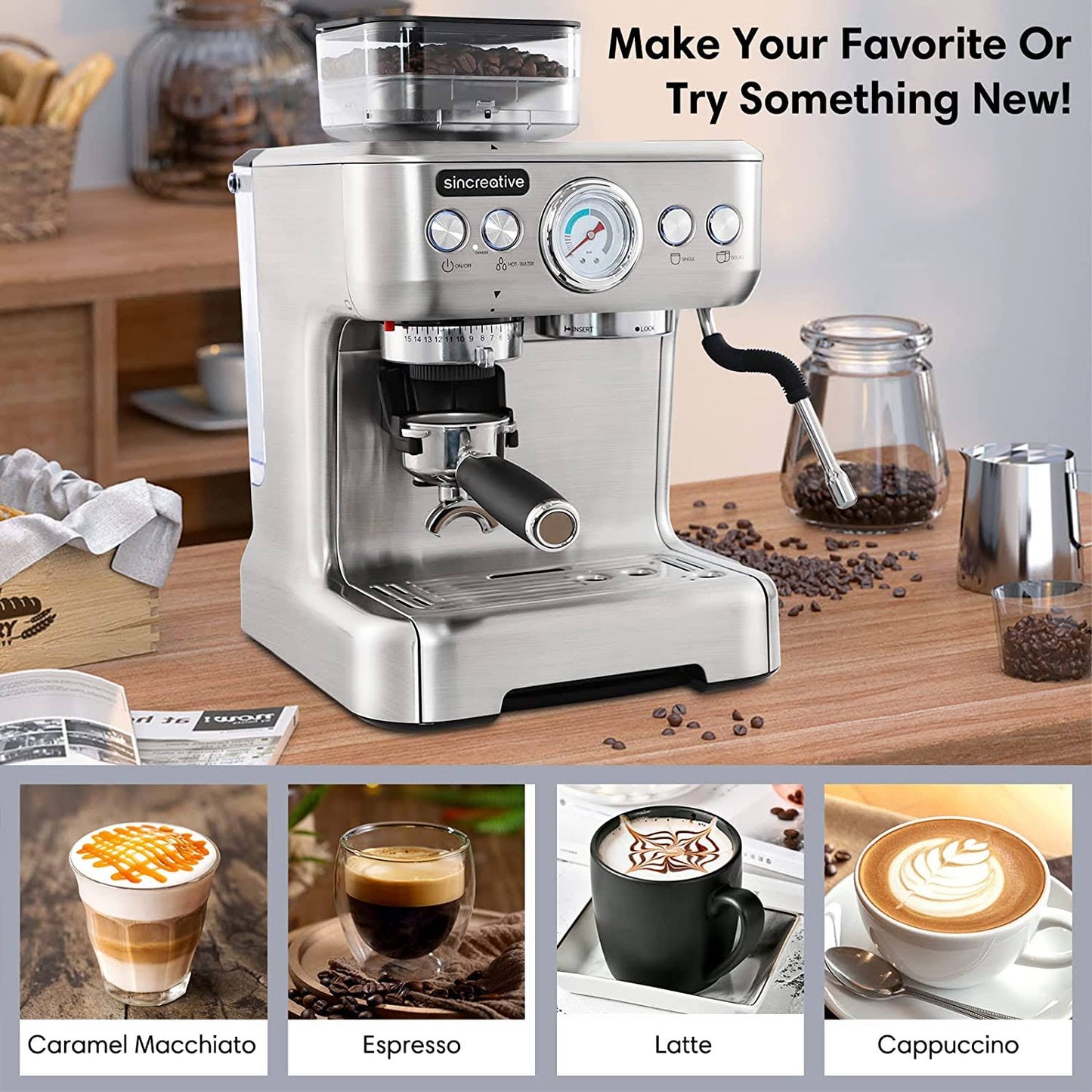 Sincreative Espresso Machine & Coffee Maker – 20Bar Semi Automatic Espresso Machine with Grinder & Steam Wand – All in One Espresso Maker & Latte
