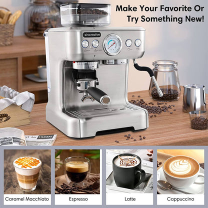 Sincreative Espresso Machine & Coffee Maker – 20Bar Semi Automatic Espresso Machine with Grinder & Steam Wand – All in One Espresso Maker & Latte