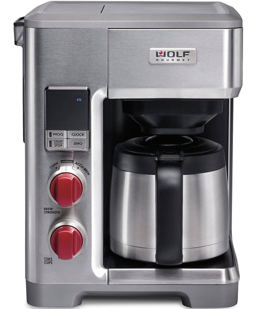 Wolf Gourmet – 10-Cup Coffee Maker with Water Filtration – Stainless Steel/Red Knob